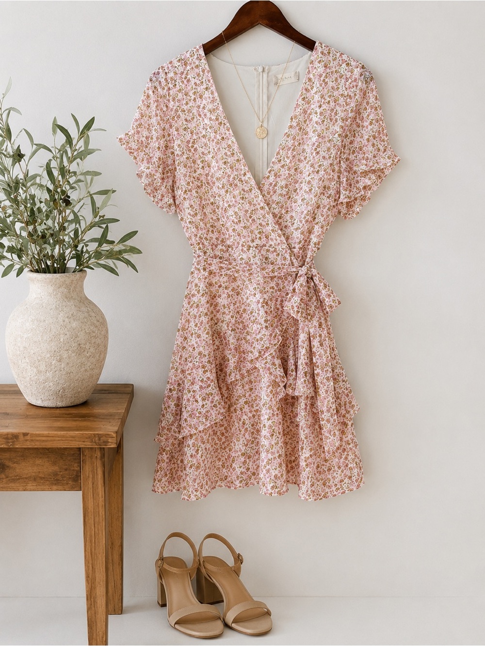 Altar'd State Floral Wrap Mini Dress | Pink Ditsy Floral | Ruffle Hem | Size S